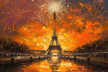 Eiffel tower with fireworks at night in Paris, France. The Eiffel tower is the most visited touristic attraction in France
