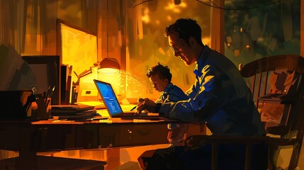 Father and Son Working Late in a Warmly Lit Room