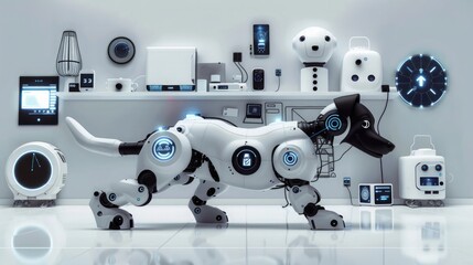 A robot dog patrolling a smart home, connected to various IoT devices.