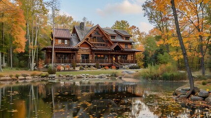 Fototapeta premium A private lakeside retreat with a log cabin in the woods with fall water effects