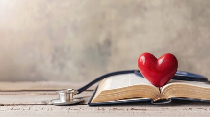 Heart shaped object on open book with stethoscope on wooden table, symbolizing healthcare, medical studies, and literature.