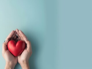 Obraz premium Two hands gently holding a red heart on a light blue background, symbolizing love, care, and compassion. Minimalistic and elegant design.