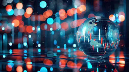 A crystal ball displaying economic and stock market data against the backdrop of urban night scenes