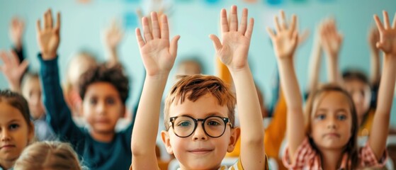 Fototapeta premium Children Raising Hands in Classroom. Generative ai