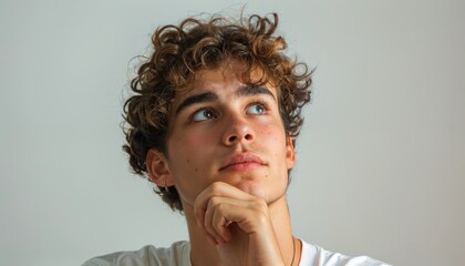 Medium shot of a man appearing puzzled, hand on chin, isolated on white