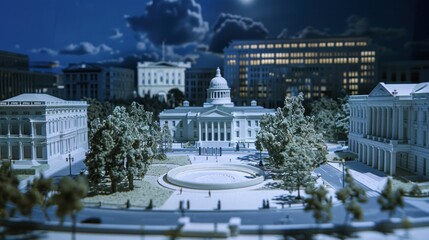 Fototapeta premium Generate a photo realistic image of a maquette showcasing a government plaza with legislative buildings, public spaces, and civic monuments; ensure the image is of high resolution for clear