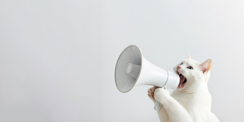 A white cat shouts into a megaphone, announcing discounts or promotional offers. Pet holds a bullhorn in its paw with free space for product placement or advertising text.