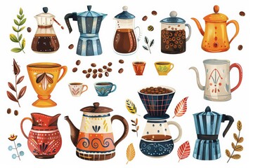 Illustrated coffee pots and mugs with coffee beans and decorative elements.