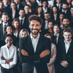 Fototapeta premium Businessman standing folded hand smile, businessman and businesswoman over big group of businesspeople background Job ID: 2183298e-86aa-4808-8b63-e1bbc966d4a3