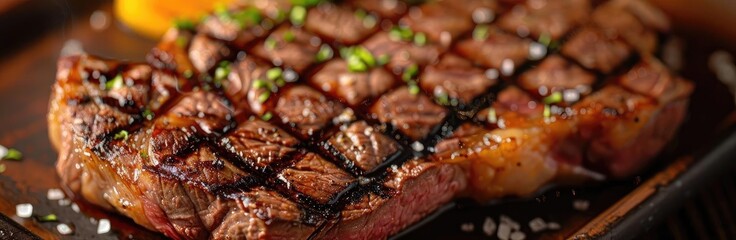 Deliciously grilled steak, perfectly cooked with a crispy outer layer and juicy interior, garnished with herbs and seasoned to perfection.