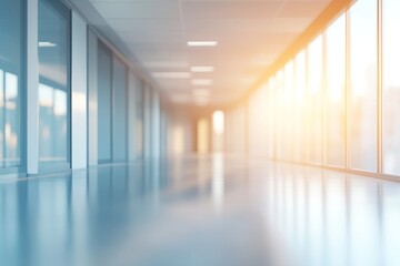 Fototapeta premium A spacious corridor features large windows allowing warm sunlight to filter in, creating a bright and inviting atmosphere