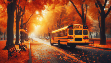 Obraz premium school bus on the street of trees and autumn leaves