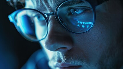 Cyber security concept. Close up of man in glasses looking at computer screen with code.