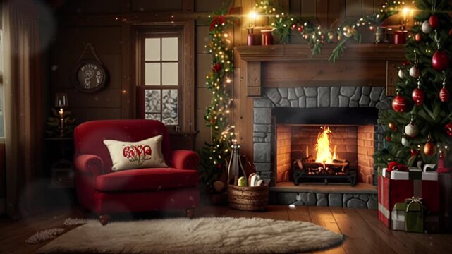 Christmas decoration inspiration in a living room with a burning fireplace. Seamless 4K looping timelapse video animation generated AI