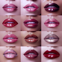 Obraz premium Beauty in Pink: Close-Up Grid of Luscious Lips with Various Shades of Pink Lip Gloss, Raw HD Photography
