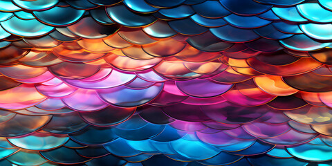 Seamless 3D Snake, Dragon Colorful Vibrant Skin Leather Pattern Texture With Scales. Abstract Colorful Background With Circles and Dots. Clothing Fabric, Paper, House Roof, and Decorations, Wallpaper