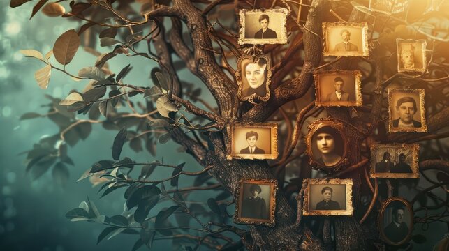 generations connected woman honoring ancestors with family tree of old photographs ai generated illustration