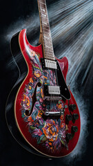 Fototapeta premium Red Guitar with Bohemian Floral Pattern and Glossy Finish on Black Background - Striking Visual Effect Illustration
