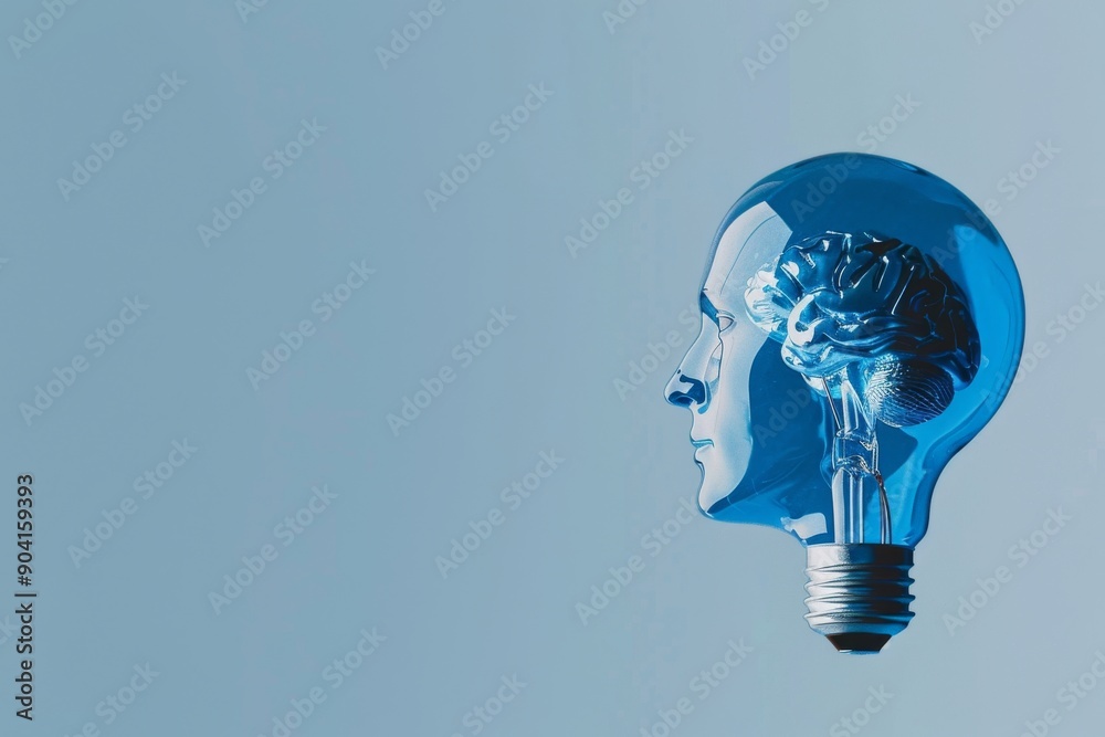 Sticker blue human head light bulb creative abstract art modern illustration intelligence and innovation tec