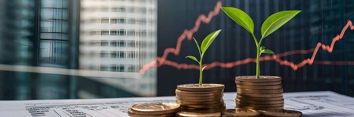 Green Plant Growing on Coins with Financial Report Background Symbolizing Savings, Investments, Interest, and Economic Growth