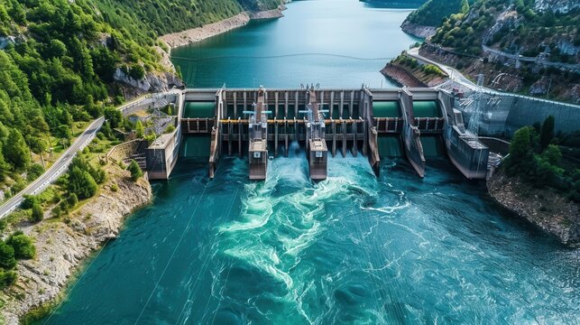 River with hydroelectric dam, powerhouse of renewable energy, front view, ecofriendly technology, technology tone, Analogous Color Scheme, copy space for text