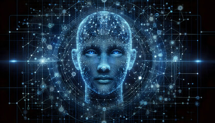 A blue holographic human face made up of digital pixels, surrounded by a network of nodes.