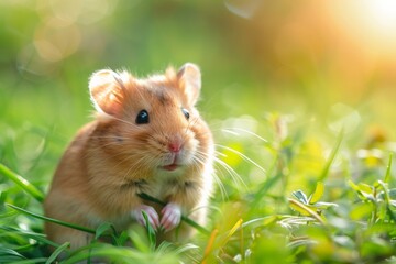 Cute hamster in a grassy field looking curiously at the camera.
