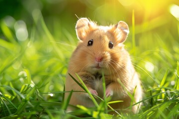 Cute hamster in a grassy field looking curiously at the camera.