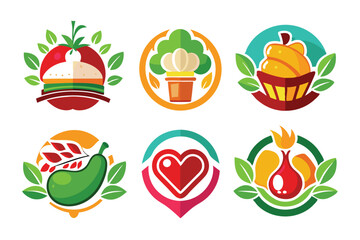 Six Colorful Circular Logos Featuring Food and Heart Symbols