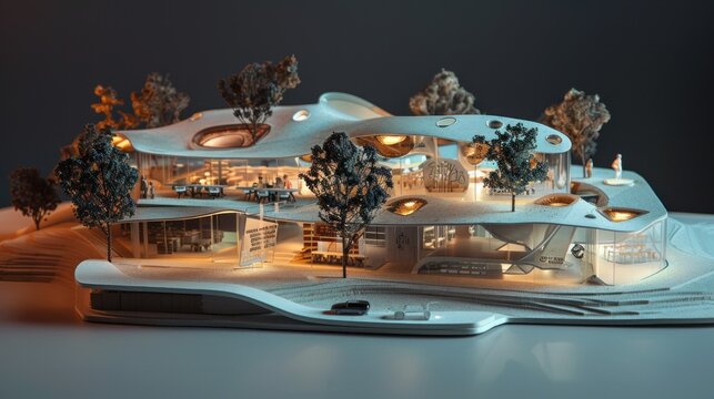 Generate a photo realistic image of a maquette showcasing a technology innovation hub with research labs, startup incubators, 