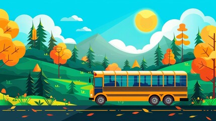 Flat design of a school bus during a sunny day, with a clear blue sky, fluffy clouds, and bright green trees along the route