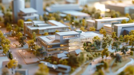 Generate a photo realistic image of a maquette showcasing a technology innovation hub with research labs, startup incubators,