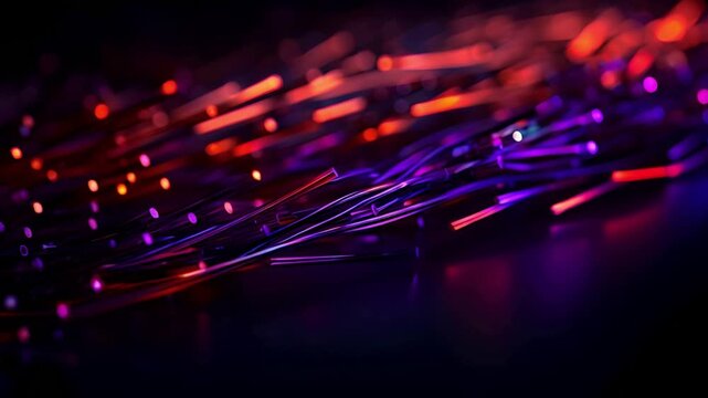 Glowing fiber optic cables with vibrant colors on dark background.