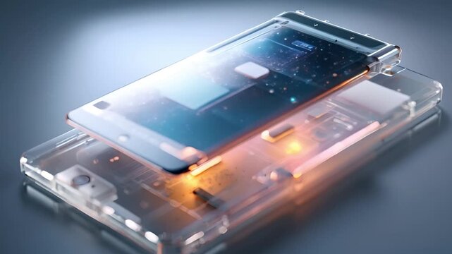 Transparent smartphone revealing intricate internal circuitry and components.