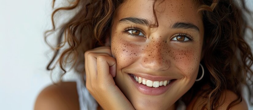 A smiling young Latina woman looking forward with her hand beside her face in a portrait with copy space image