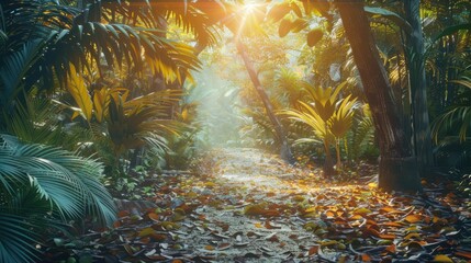 Naklejka premium Path way through the autumnal forest natural way concept, road to the tropical forest nature field, relaxing with ecological environment, use for spa and freedom lifestyle concept