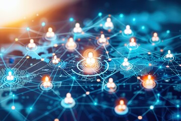 Obraz premium Global Network: A digital map of the world, illuminated by interconnected nodes symbolizing a global network of people, ideas, and connections. 