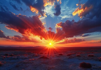 A breathtaking sunset over a desert landscape, with dramatic clouds and vibrant colors creating a mesmerizing scene