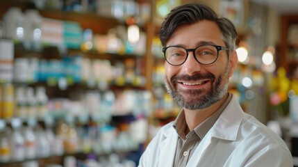 Obraz premium photograph of Smiling portrait of a handsome pharmacist in a pharmacy store.generative ai