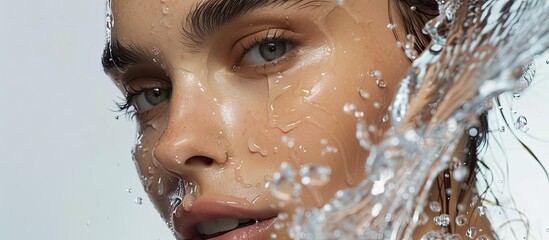 A beauty model with water cascading over her perfect skin showcasing beauty waterproof makeup and hydrated skin Ample copy space image included