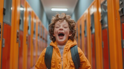 Portrait of an international student excited child in school hallway with lockers. Youth subculture gen generation z young self-expression confidence concept. Copy paste