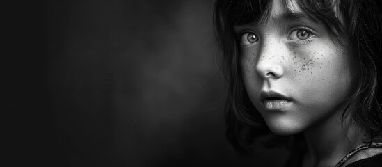 Melancholic girl depicted on dark backdrop with room for text alongside a monochrome filter to create a copy space image