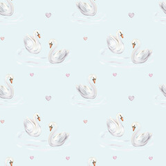 Watercolor seamless pattern with couple of cute swans in love. Hand painted illustration isolated on light blue background. For textile of white pastel colors bird and red hearts and water waves