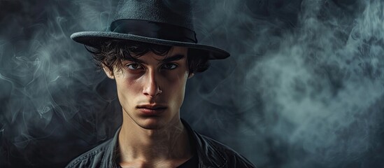 Close up portrait of a pensive young man in a gray hat against a dark smoky backdrop with copy space image