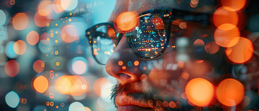 Close up, male software developer concept, represented by a double exposure of computing, developing, or internet security at work