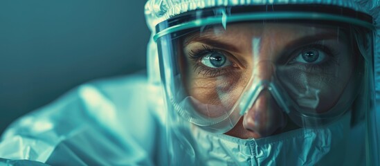 Mature female surgeon in protective gear performing surgery in operating room with copy space image