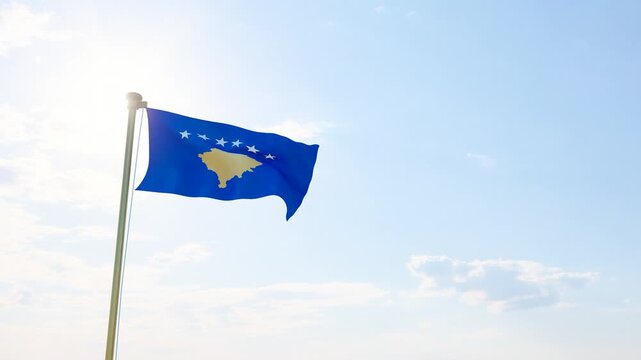 4K UHD. Flag of Kosovo waving in the wind, sky and sun looped video. Kosovo Flag Video. 