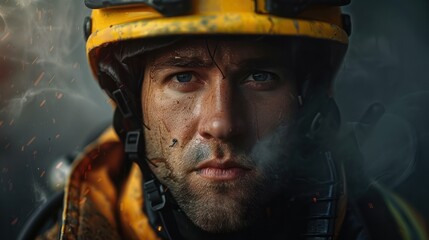 Fototapeta premium Stylized portrait of a determined firefighter in gear