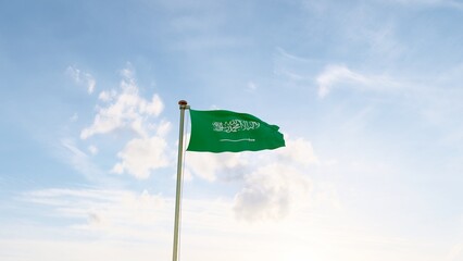 Flag of Saudi Arabia waving in the wind, sky and sun background. Saudi Arabia Flag. Ultra Hd.