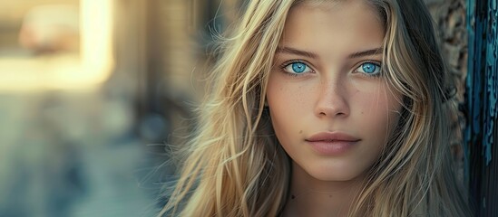 Fototapeta premium Blonde girl with blue eyes in a street portrait outdoors with copy space image